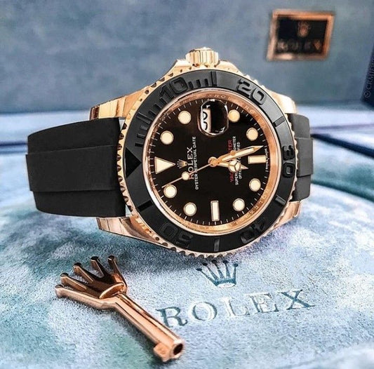 Luxury Rose Gold Black Dial Watch with Leather Strap - Rolax Timepiece