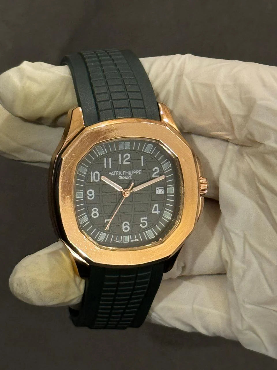 Patek Philippe Rose Gold Black Dial Watch - Stainless Steel with Rubber Strap