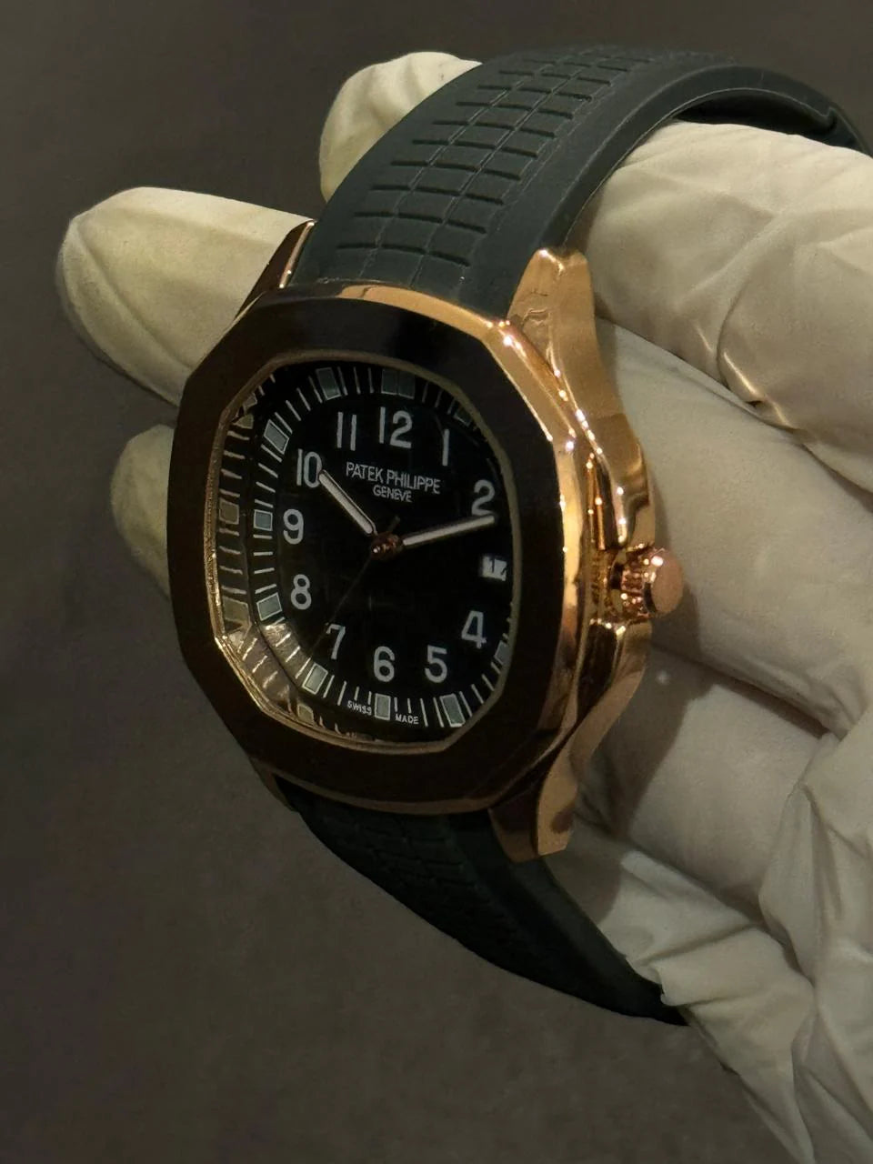 Patek Philippe Rose Gold Black Dial Watch - Stainless Steel with Rubber Strap