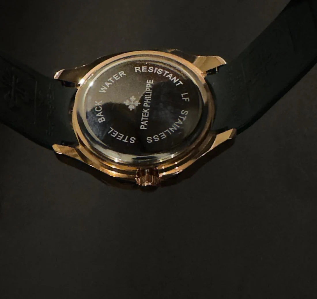 Patek Philippe Rose Gold Black Dial Watch - Stainless Steel with Rubber Strap